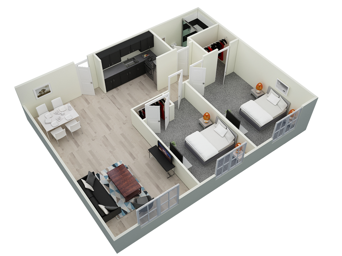 Floor plan for 2 beds, 1 bath, 900 sqft